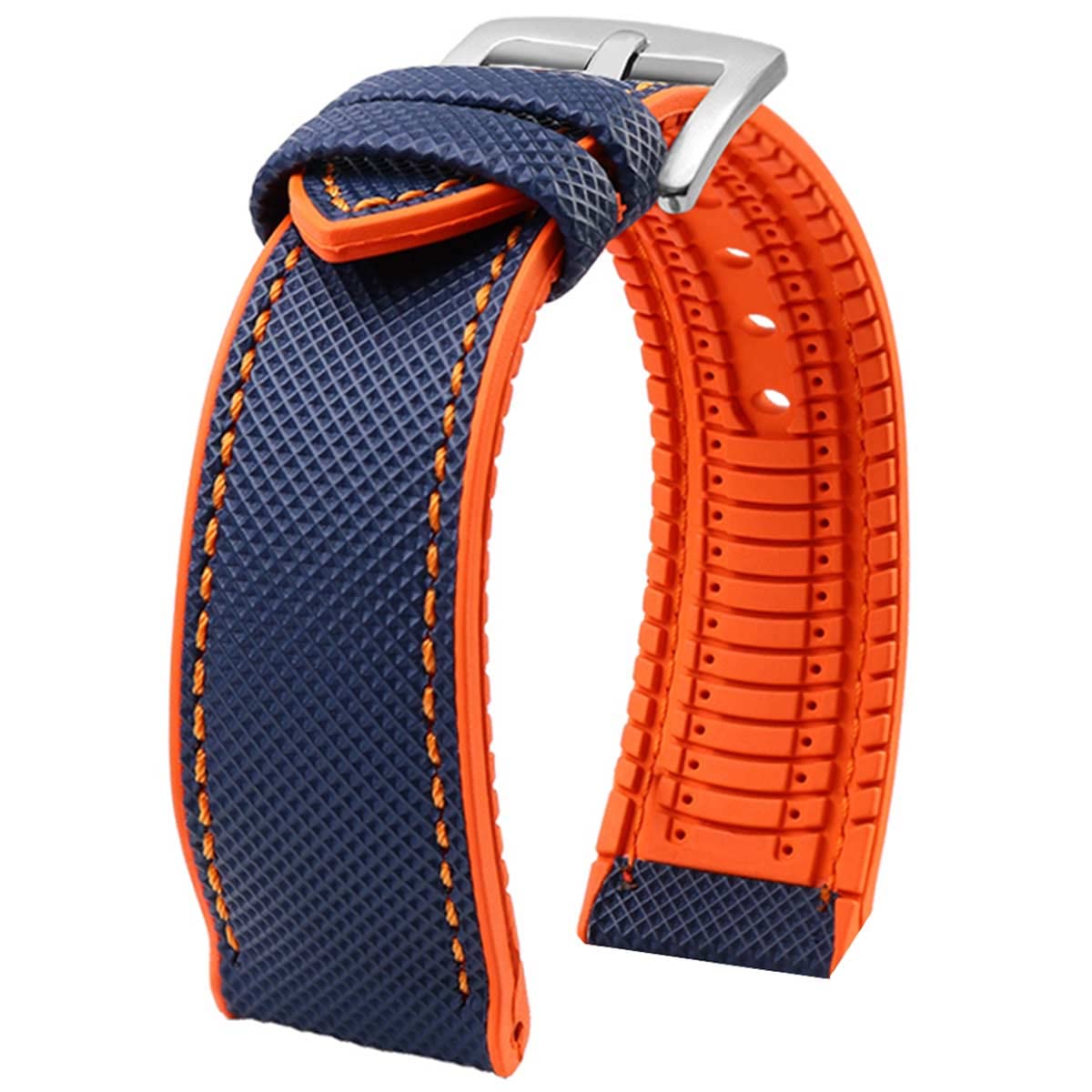 Theo Nylon & FKM Rubber Hybrid Performance Strap Blue Nylon Orange Stitch / Orange FKM Rubber -StrapSeeker